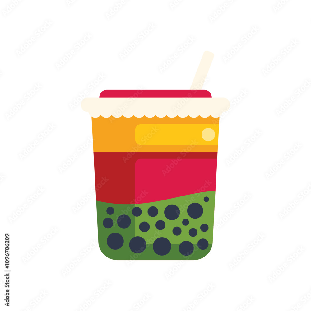 Poster refreshing beverage with tapioca pearls, showing the different layers of ingredients