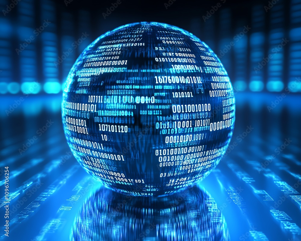 Poster 3D rendered digital globe with moving binary code and financial market graphs, blue background, representing global financial data