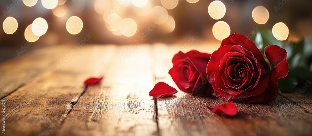 Aufkleber red roses on a rustic wooden table with bokeh background symbolizing love and romance in a soft and 