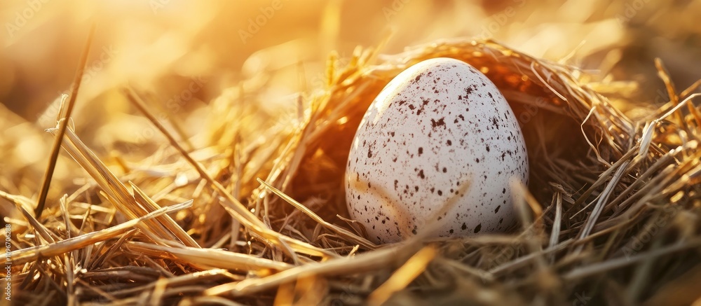 Poster speckled easter egg resting in warm straw illuminated by soft sunlight creating a serene spring atmo