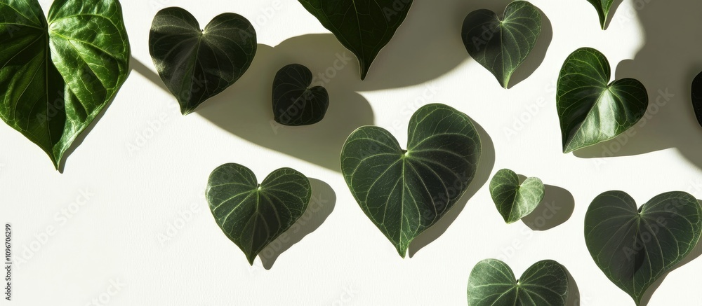 Poster heart-shaped leaves in varying sizes creating shadows on a light background in a beautiful flat lay 