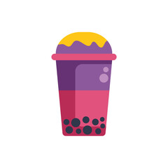 Plastic cup of bubble tea with tapioca pearls and mango topping illustration