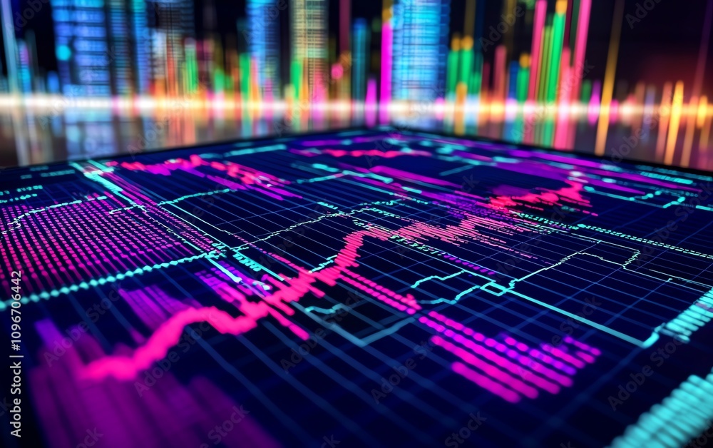 Poster 3D rendered Forex trading chart displaying global market data on a digital background, vibrant currency exchange graphs and statistics