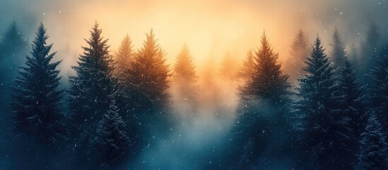 Obraz premium Enchanting winter landscape with snowfall and a glowing sunrise over a forest of evergreen trees