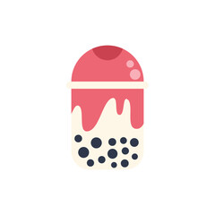 Vector illustration of a plastic cup containing boba tea with strawberry flavor and dripping cream, isolated on a white background