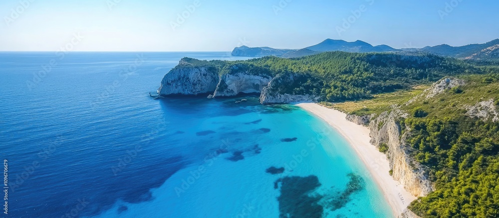 Poster aerial drone view of a serene turquoise seascape featuring a paradise beach ideal for website backgr