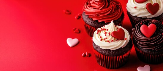 Heart themed cupcakes on vibrant red backdrop perfect for Valentine's Day celebrations with space for personalized messages