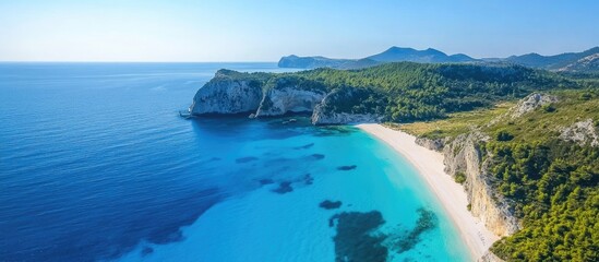 Fototapeta premium Aerial drone view of a serene turquoise seascape featuring a paradise beach ideal for website backgrounds with ample copy space.