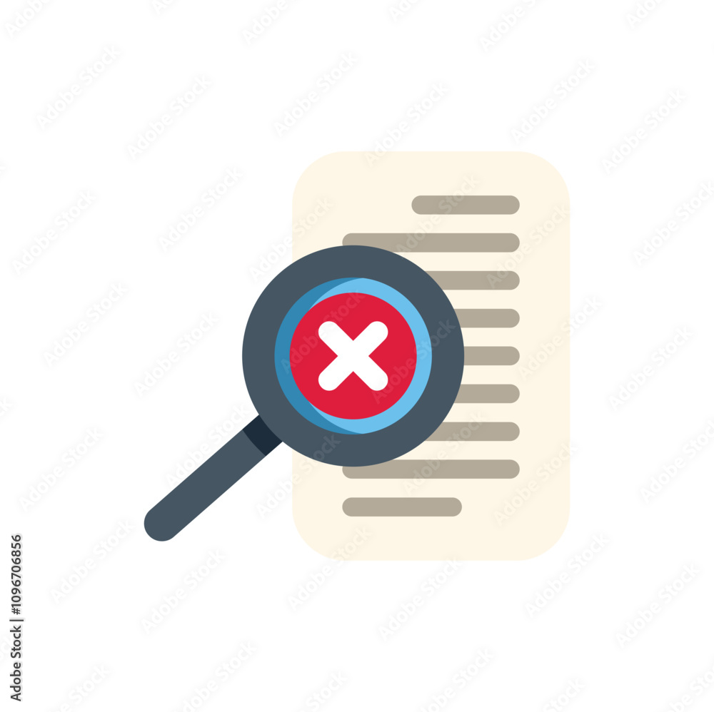 Poster magnifying glass is detecting an error in a document, marked with a red cross sign