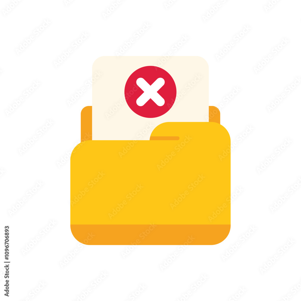 Poster yellow folder containing document with red cross mark, concept for rejected or deleted files