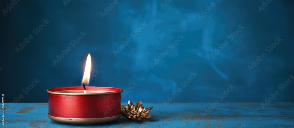 Poster red candle with flame in copper holder on textured blue background creating a serene and inviting at
