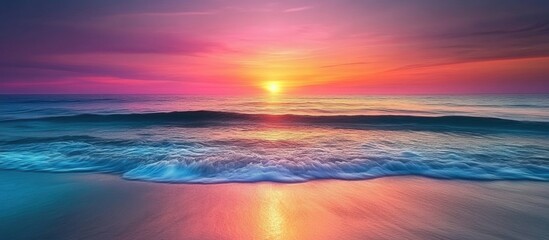 Vibrant sunset reflection on tranquil ocean waves creating a serene coastal atmosphere with colorful light patterns on the water surface