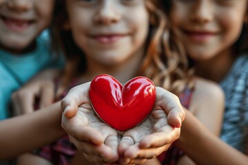 Family Health Support and Care Concept, World Heart Day Poster, Foster Home, Family Hands Holding Red Heart Symbol