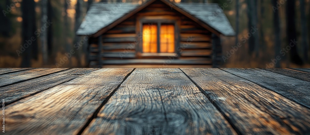 Aufkleber rustic wooden table foreground with a cozy cabin in the blurred background illuminated by warm light