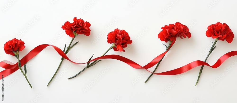 Poster red carnations and ribbon arranged elegantly on a white backdrop creating a versatile greeting card 