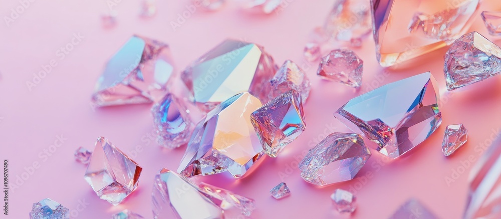 Poster multicolored faceted crystals scattered on a soft pink backdrop creating a vibrant and textured visu