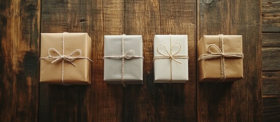 Top view of assorted gift boxes wrapped in natural materials on rustic wooden table background for festive occasions and celebrations