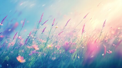 Fototapeta premium Sunlit wildflowers blowing gently in a summer breeze.