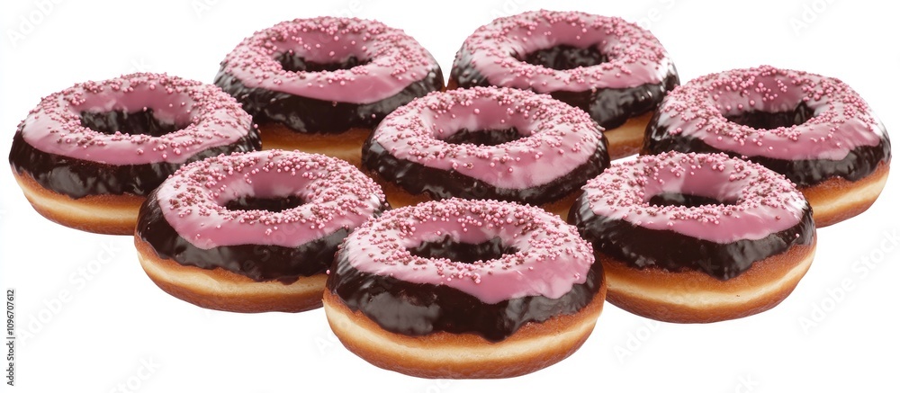 Poster glazed donuts with chocolate frosting and pink glaze topped with sprinkles arranged in a circle on a
