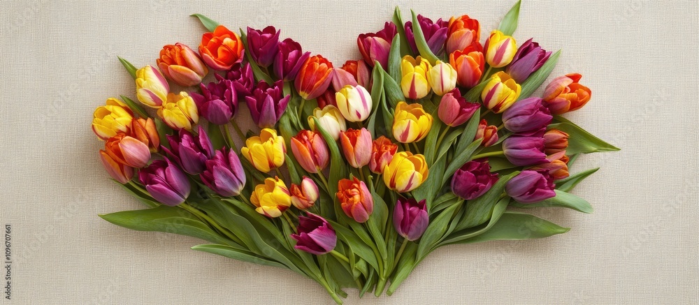 Poster vibrant tulip bouquet artfully arranged in heart shape on beige background showcasing an array of co