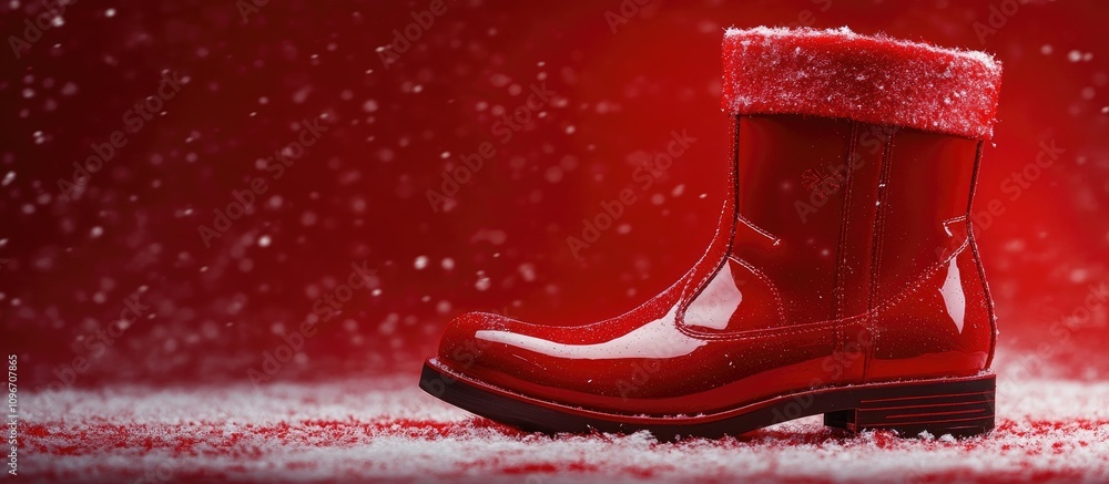 Poster red santa's boot on snowy background with empty space for holiday messages or promotions in festive 