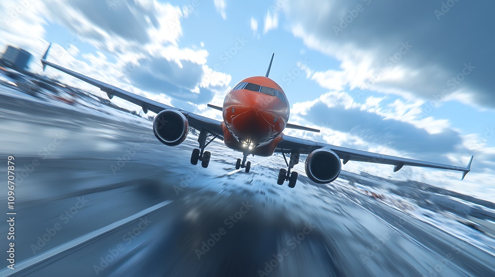 Poster a plane taking off on a runway with a dynamic perspective and dramatic sky backdrop.