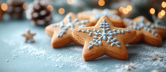 Star shaped gingerbread cookies decorated with blue icing on a frosty blue background with a festive bokeh effect and pine cones
