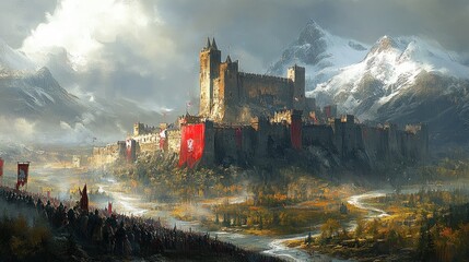 Fototapeta premium Majestic Medieval Castle Amidst Snowy Mountains