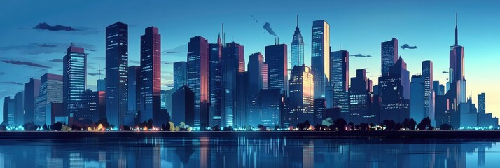 Naklejka premium Skyline Reflections: Futuristic Cityscape with Modern Corporate Office Towers
