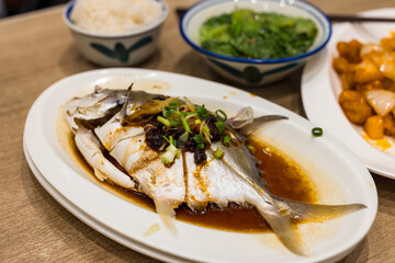 Steamed fish dish in restaurant