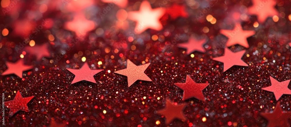 Poster red glitter backdrop with a blurred effect featuring sparkling stars suitable for festive and celebr