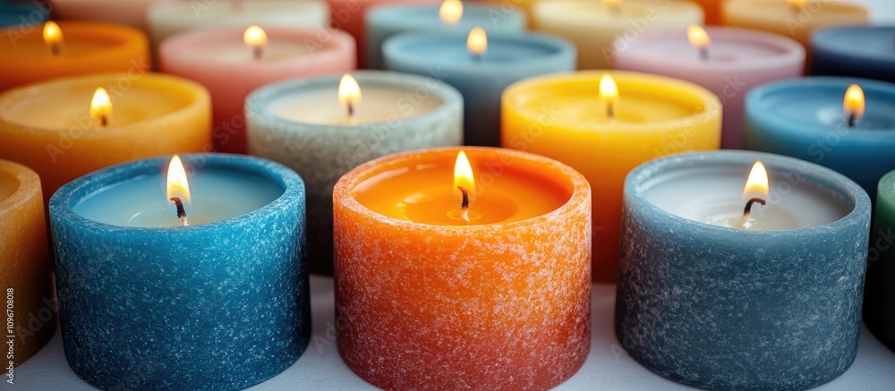 Aufkleber vibrant array of colorful candles with flickering flames shot from a bird's eye view on a clean whit