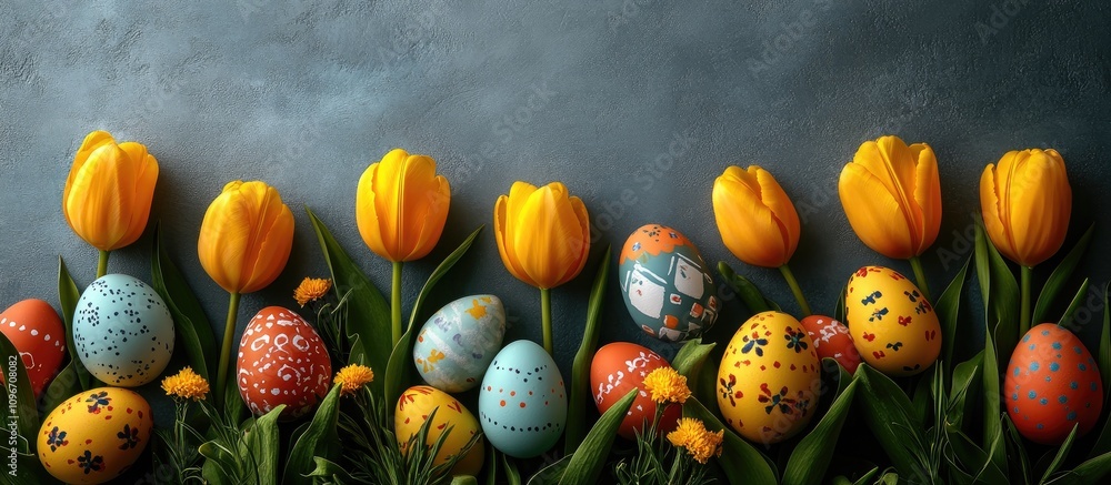 Aufkleber yellow tulips and colorful easter eggs arranged in a shadow case with space for text on a textured b