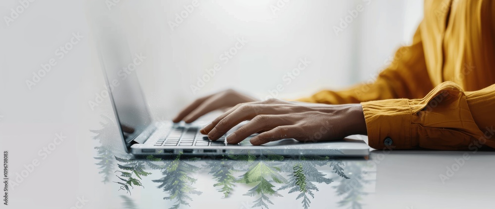 Poster person typing on laptop computer at office desk working online for web design and development busine