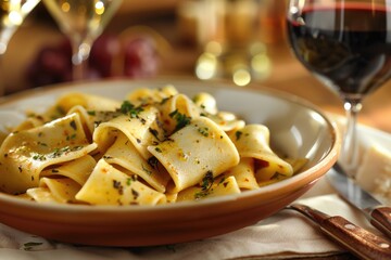 A plate of pasta served with a glass of wine
