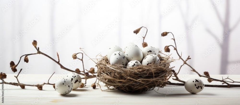 Aufkleber easter quail eggs in a nest with willow branches on a white wooden surface creating a serene spring 