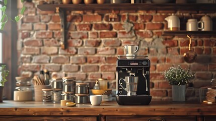 stylish and modern coffee maker placed on a wooden countertop, offering advanced brewing features and blending seamlessly with a contemporary kitchen setting