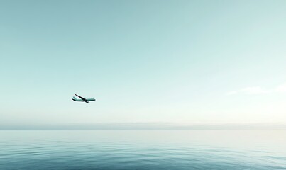 A serene image of an airplane flying over a calm ocean under a clear sky.