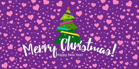 Merry Christmas, purple. A Christmas tree and a garland of balloons. A heart-shaped banner. Christmas greeting card. vector illustration.