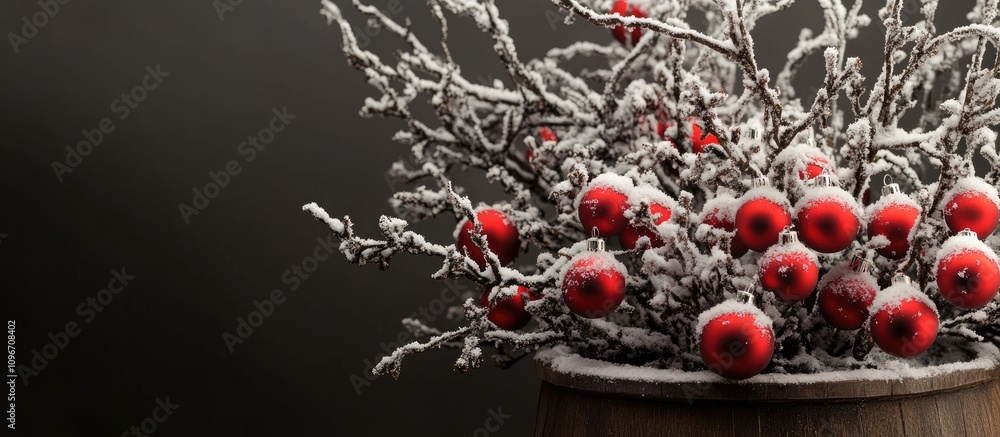 Aufkleber snowy branches adorned with red ornaments in a rustic wooden container creating a festive winter amb