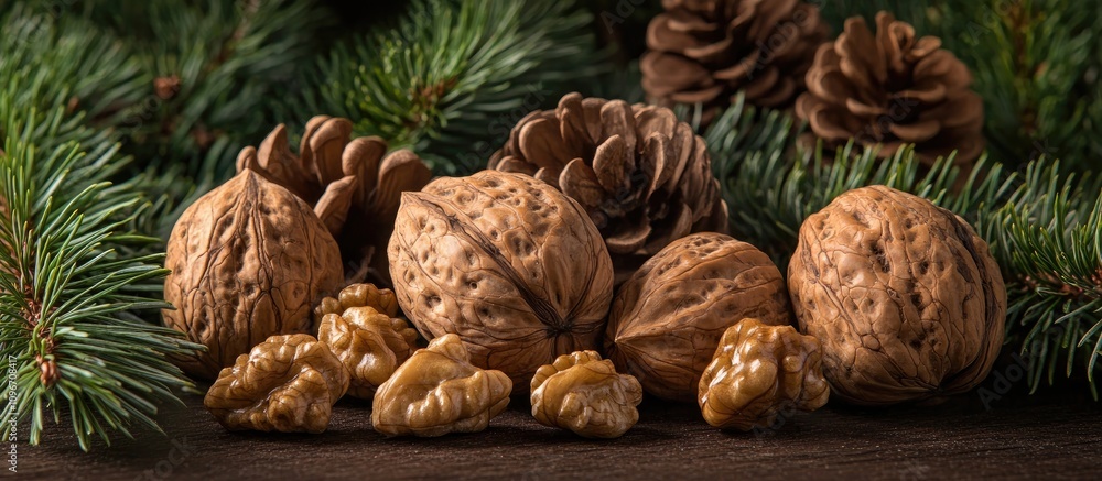Poster rustic christmas still life with walnuts hazelnuts pine branches and cones creating a warm festive a