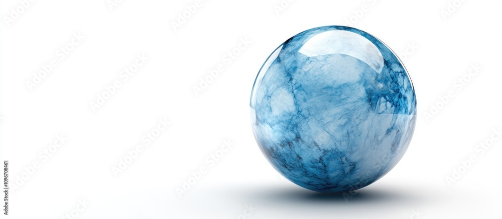 Poster blue marble stone sphere with intricate patterns resting on a clean white background showcasing eleg