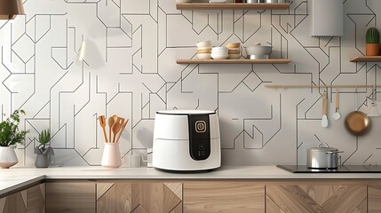 compact air fryer in a modern kitchen with geometric tile backsplash, designed for convenient cooking and blending effortlessly with stylish and contemporary kitchen decor