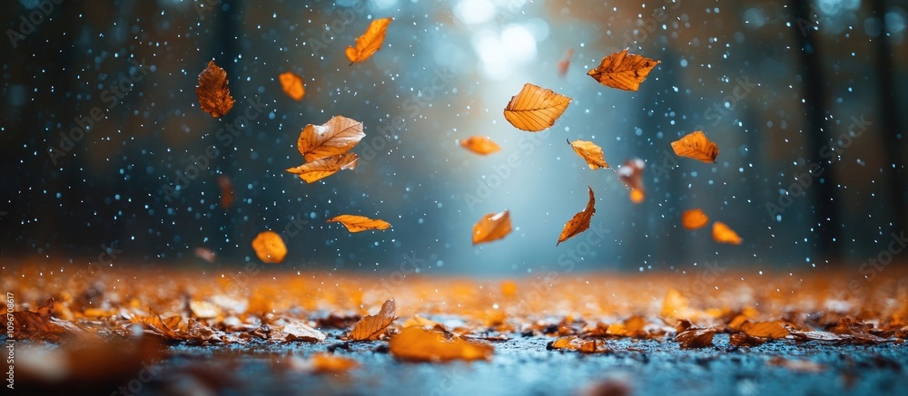 Aufkleber autumn leaves fall gracefully in a serene forest setting with soft rain creating a tranquil atmosphe