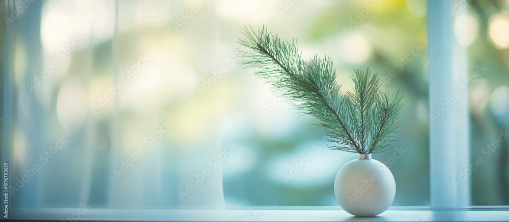 Aufkleber evergreen fir branch in a minimalist vase against a softly blurred window backdrop for elegant inter