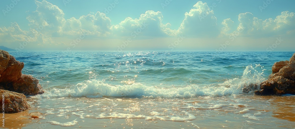 Poster serene shoreline with gentle waves lapping against rocks and calm sea under a bright sky with fluffy