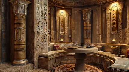 A cozy dining room with a small round sandstone table, cushioned chairs embroidered with Egyptian symbols, and golden wall sconces shaped like obelisks.