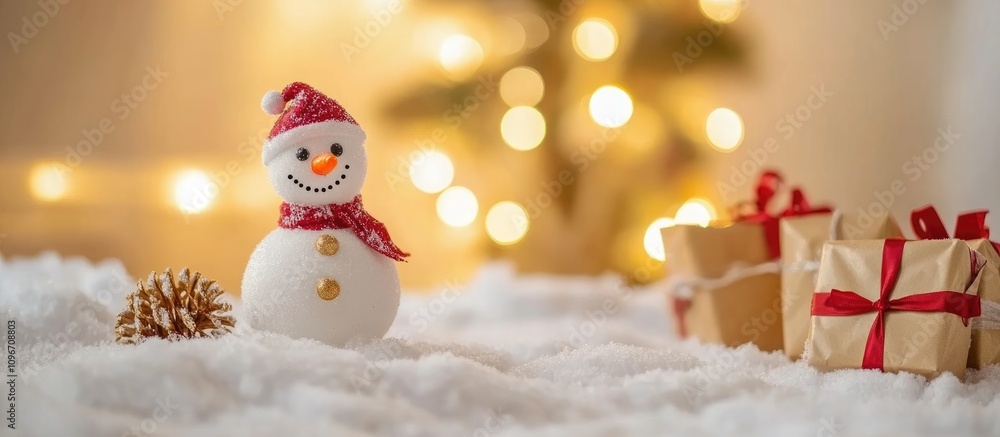 Poster snowman toy surrounded by gift boxes on snowy surface with festive bokeh lights creating a warm holi