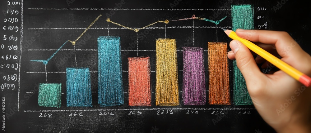 Poster ai generative hand drawing of colorful bar graph and line chart on a blackboard with chalk, creative
