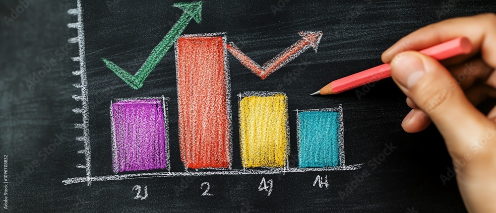 Poster ai generative hand drawing of colorful bar graph and line chart on a blackboard with chalk, creative